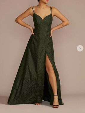 Dark Green Double Strap Allover Lace A-Line Formal Dress